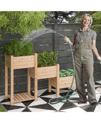3-Tier Wooden Garden Bed Elevated Planter w/ 3 Planter Boxes, Open Storage Shelf