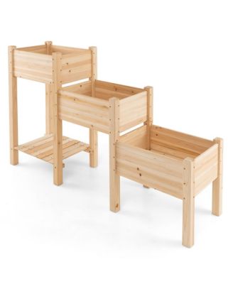 3-Tier Wooden Garden Bed Elevated Planter w/ 3 Planter Boxes, Open Storage Shelf