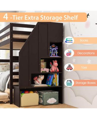Twin over Twin Wooden Bunk Bed w/ Trundle Storage Stairs Convertible