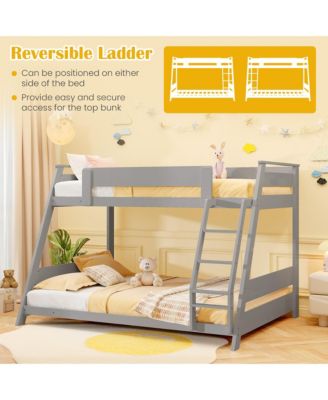 Twin Over Full Low Bunk Bed Solid Wooden Floor Bunk Bed w/ Reversible Ladder White