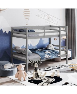 Twin Over Twin Wood Bunk Beds W/Ladder & Safety Rail Pine Wood Bunk Bed