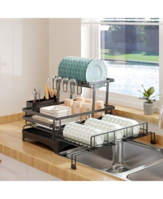 Dish Drying Rack,Extendable Dish Rack with Cutlery Holder, Anti-Rust Black Dish Racks for Kitchen Counter