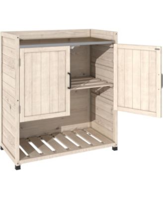 Potting Bench, Outdoor Wooden Storage Cabinet with Adjustable Shelf, Metal Tabletop