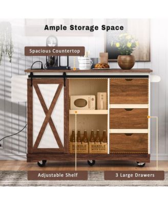 55.5" Wide MDF Drop Leaf, Barn Door, Power Outlet, 3 Drawers, Locking Wheels Farmhouse Kitchen Island Cart