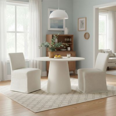 3 Pc. Wood Boucle Upholstered Removable Slipcover Pedestal Base Round Table Dining Room Set