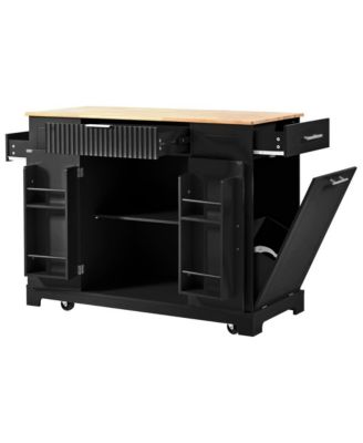 Rolling Kitchen Island with Trash Bin Cabinet, Power Outlet, 3 Drawers, Side Spice Racks, Solid Wood Top, Lockable Wheels