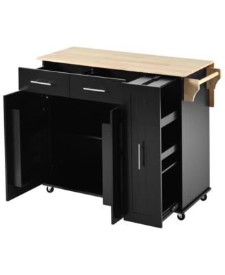 46" Rubberwood Top Rolling Kitchen Island Cart with Drop Leaf, 3-Tier Pull-Out Organizer and Hidden Door Racks