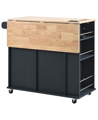 39.8" Wide Rubberwood, MDF Power Outlet, Drop Leaf, Wine Glass Rack, 2 Drawers, Locking Wheels Mobile Kitchen Island Cart