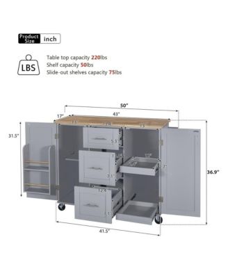 Rolling Kitchen Island 50-Inch with Rubber Wood Top, Slide-Out Shelves, 3 Drawers and Storage Racks