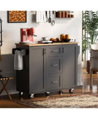 Rolling Kitchen Island 50-Inch with Rubber Wood Top, Slide-Out Shelves, 3 Drawers and Storage Racks