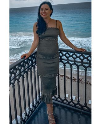 Olive Satin Smocked Fitted Maternity Maxi Dress