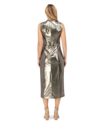 Petite Side Ruche Foil Cowl Neck Midi Dress