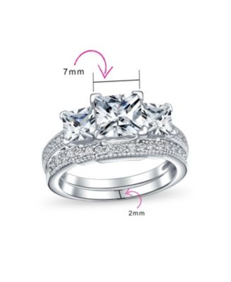 Classic 3CT Square Princess Cut Three Stone Past Present Future Cubic Zirconia Milgrain Promise  Ring Band Set Sterling Silver