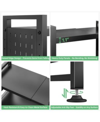 17.4"- 27.4" Expandable Microwave Stand, 3-Tier Heavy Duty Adjustable Height Microwave Oven Rack with 9 Hooks and Cutting Board Holder, Countertop Kitchen Shelf Organizer, Holds up to 180 lbs, Black