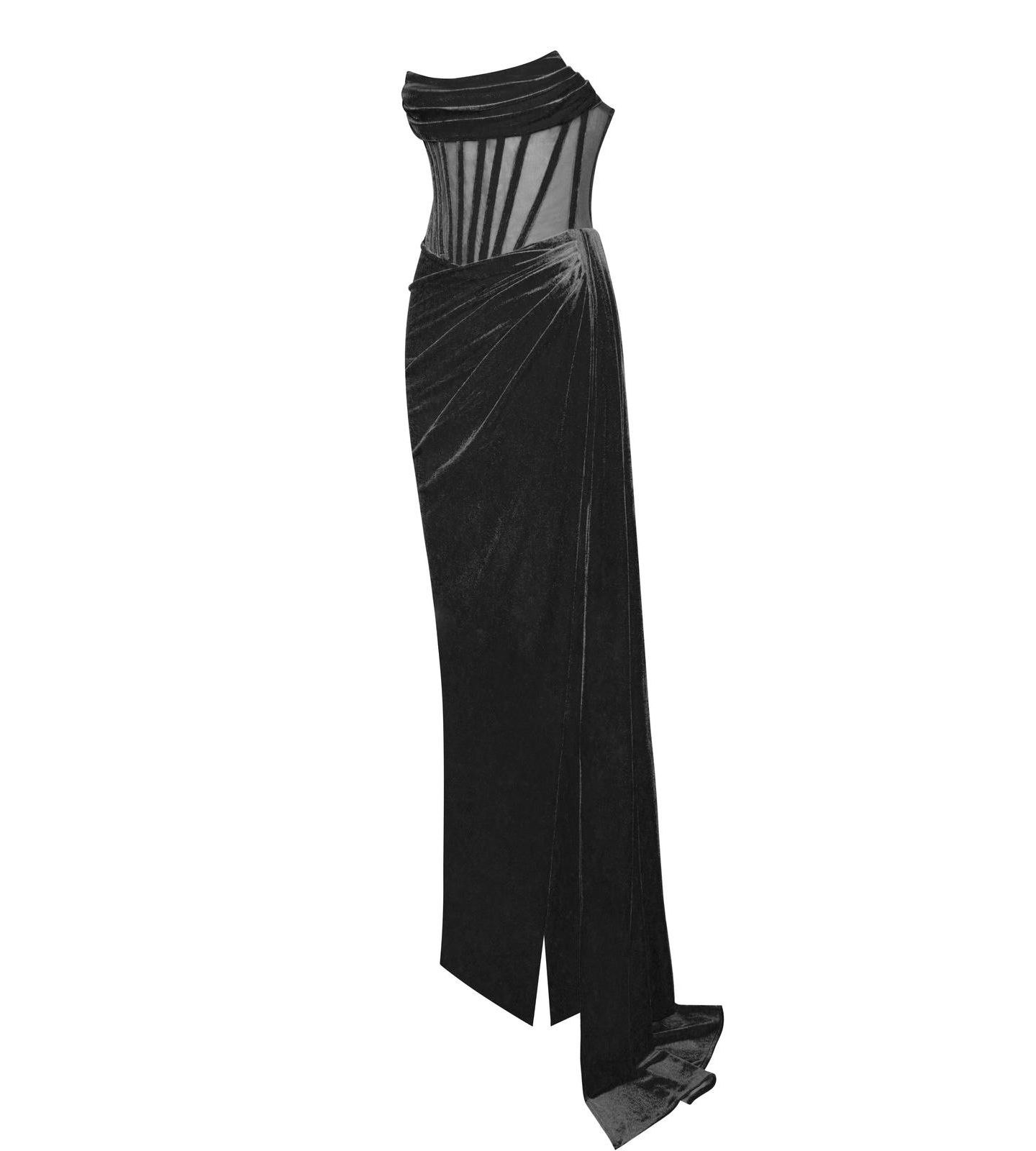 Женское платье Miss Circle Priya Black Draping Corset High Slit Velvet Gown, цвет: Чёрный — фото 5