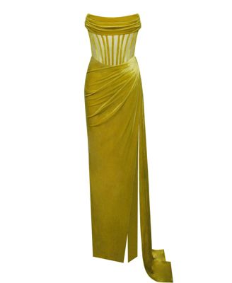 Women's Priya Gold Draping Corset High Slit Velvet Gown