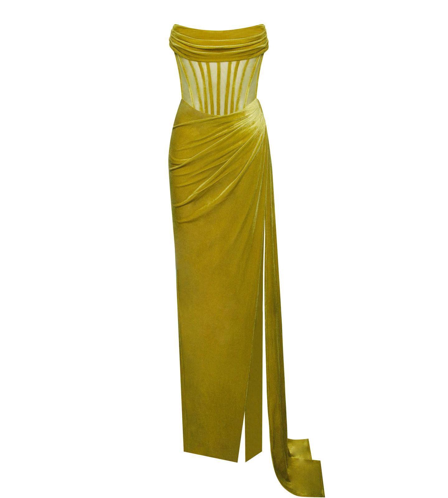 Женское платье Miss Circle Priya Gold Draping Corset High Slit Velvet Gown, цвет: Золотой — фото 2