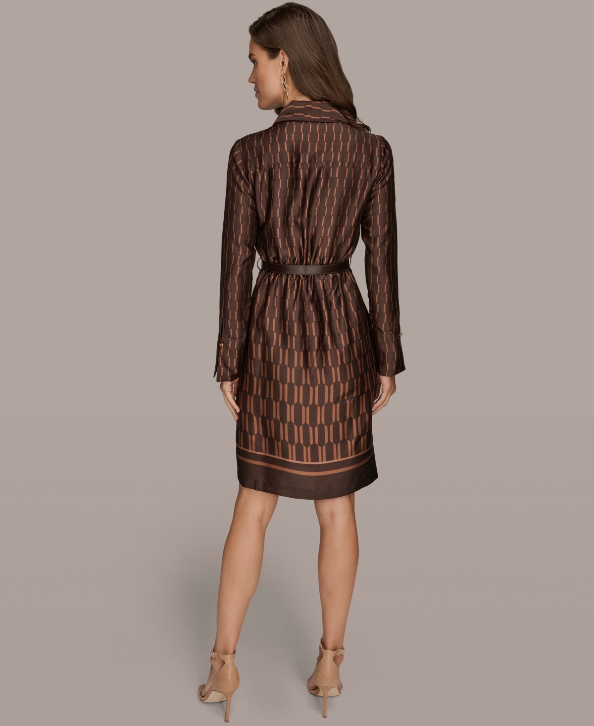 Donna Karan Geo Print Long Sleeve Satin Dress In Multi