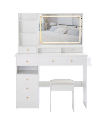 Vanity Table with Cushioned Stool, Power Station, Hair Dryer Stand, Large LED Mirror