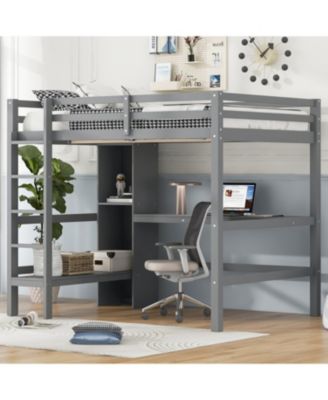 Full Size Wood Loft Bed with Multifunction Shelves and Under-bed Desk Bed