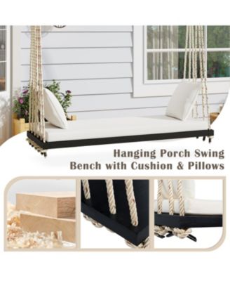 Patio Wooden Swing Chair with Cushion & Ropes