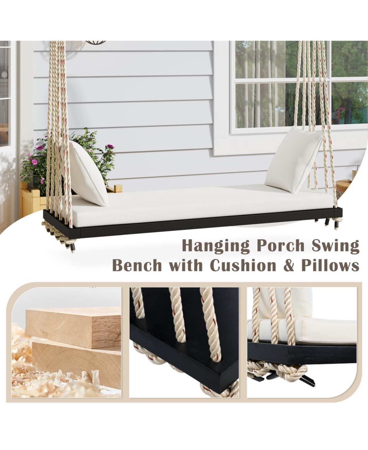 Streamdale Furniture Patio Wooden Swing Chair with Cushion & Ropes