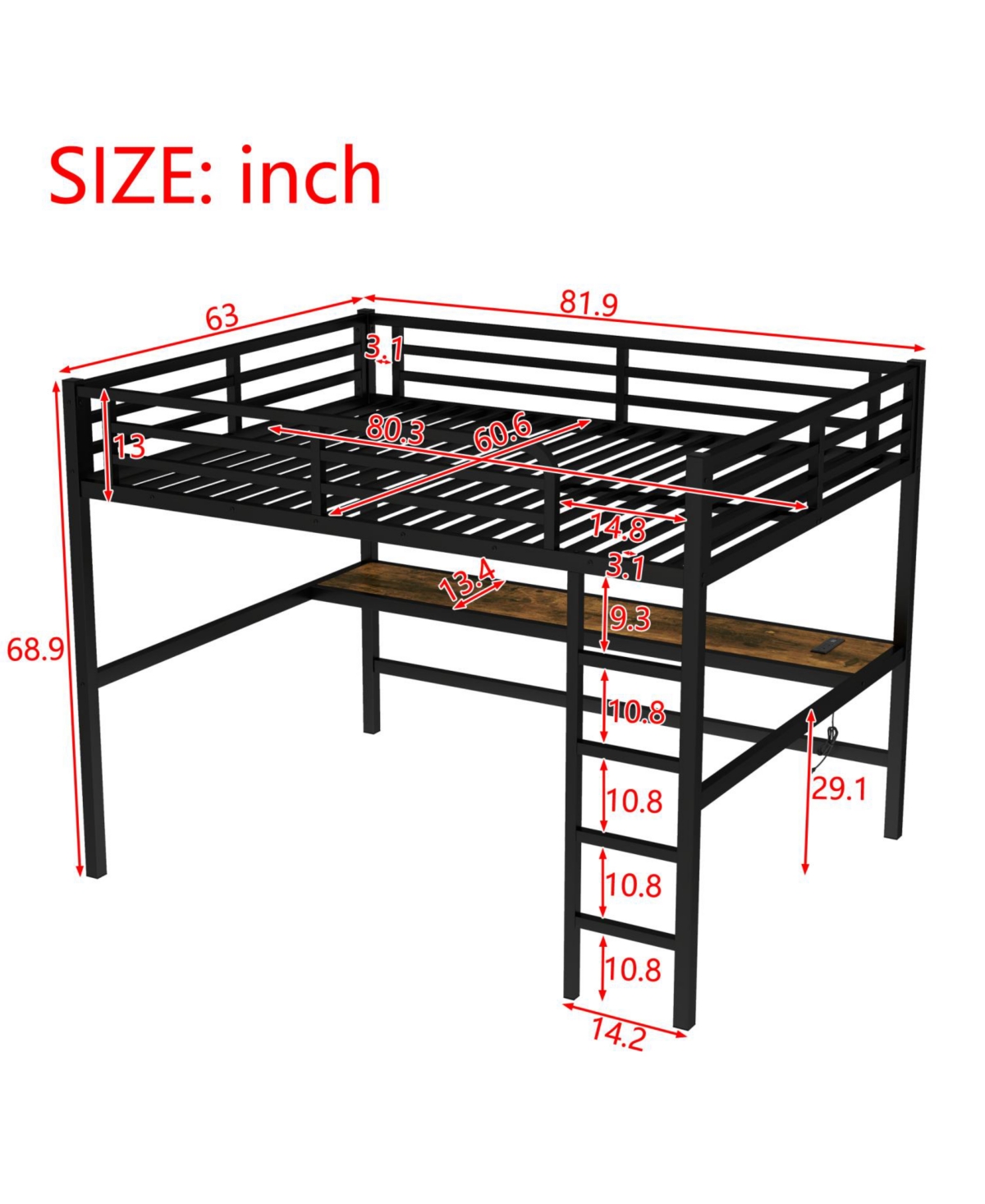 Streamdale Furniture Queen Loft Bed with Outlet & Led - Black