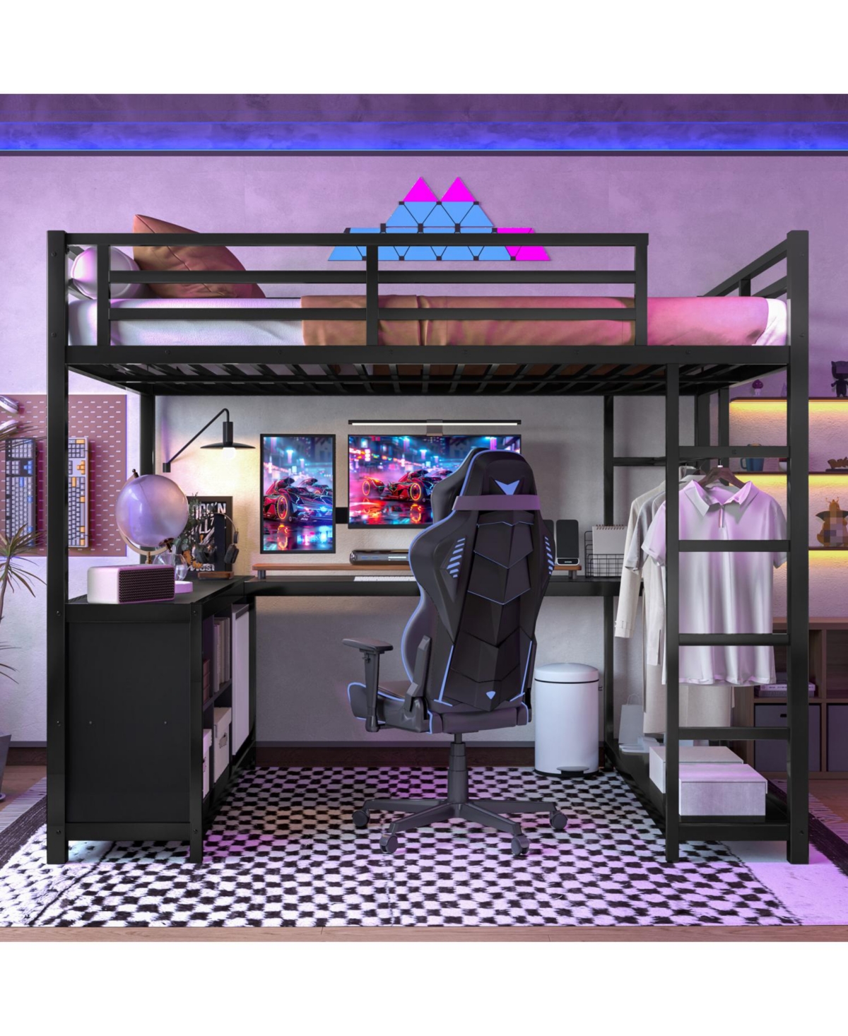 Streamdale Furniture Metal Loft Bed with Wardrobe & Desk Full Size Black