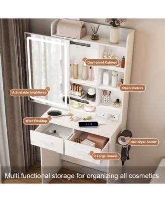 Small Vanity Desk with Mirror LED Lights & Outlet - White