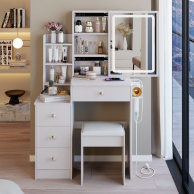 LED Mirror Vanity Table with Stool & Power