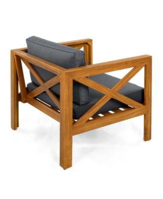 Acacia Wood Club Armchairs (Set of 2), Teak Finish, Dark Grey Cushions