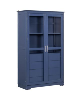 Blue Kitchen Pantry Cabinet with Glass Doors & Drawers