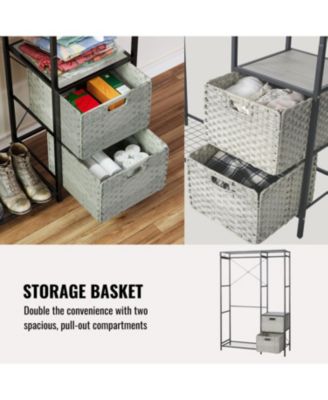 Acacia Wood Garment Rack w/ Shelves, Drawers &amp; Hooks - Light Gray