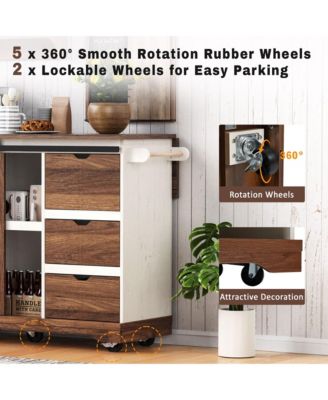 55.5" Farmhouse Kitchen Island w/ Drop Leaf, Barn Door, Power Outlet, Rolling Cart - White