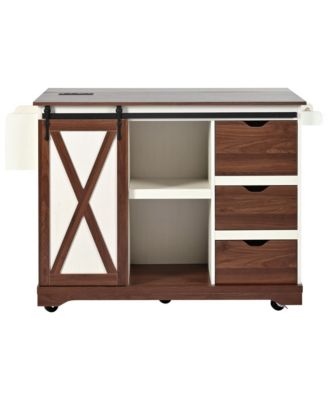 55.5" Farmhouse Kitchen Island w/ Drop Leaf, Barn Door, Power Outlet, Rolling Cart - White