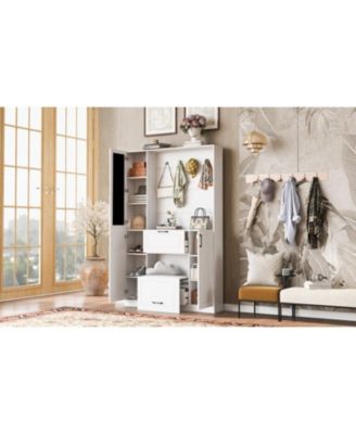  Entryway Bench with Shoe Cabinet, Hall Tree, Hooks & Foldable Seat