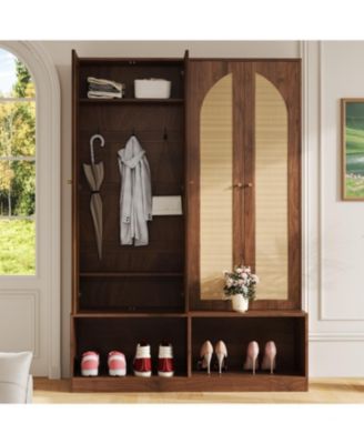 Streamdale Farmhouse Hall Tree - Rattan Doors, Bench, Hooks, Shoe Cabinet - Walnut, 55.1"W