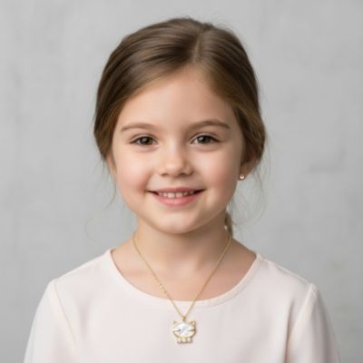 14K Gold Plated with Mother Of Pearl & Clear Cubic Zirconia Cat Pendant Necklace For Kids