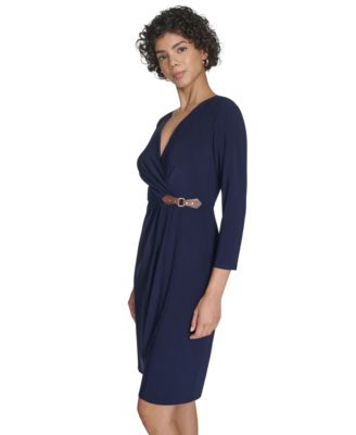Petite Surplice Faux Wrap Sheath With Buckle Dress