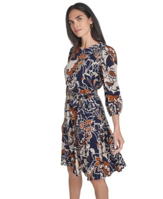 Petite Jewel Neck Belted Fit and Flare Godet Dress