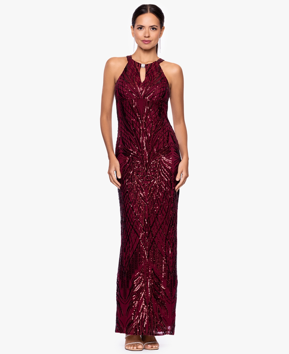 B & A By Betsy And Adam Petite Halter Neck Sequin Dress In Brown