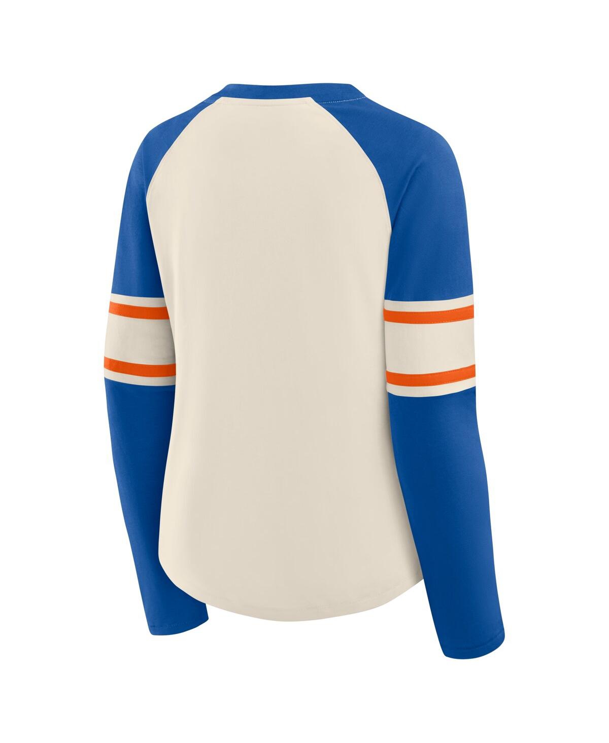 Fanatics Women's Cream/royal Denver Broncos Hometown Gridiron Hero Raglan Lace-up V-neck Long Sleeve T-shirt In Multi