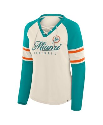 Women's Cream/Aqua Miami Dolphins Hometown Gridiron Hero Raglan Lace-Up V-Neck Long Sleeve T-Shirt