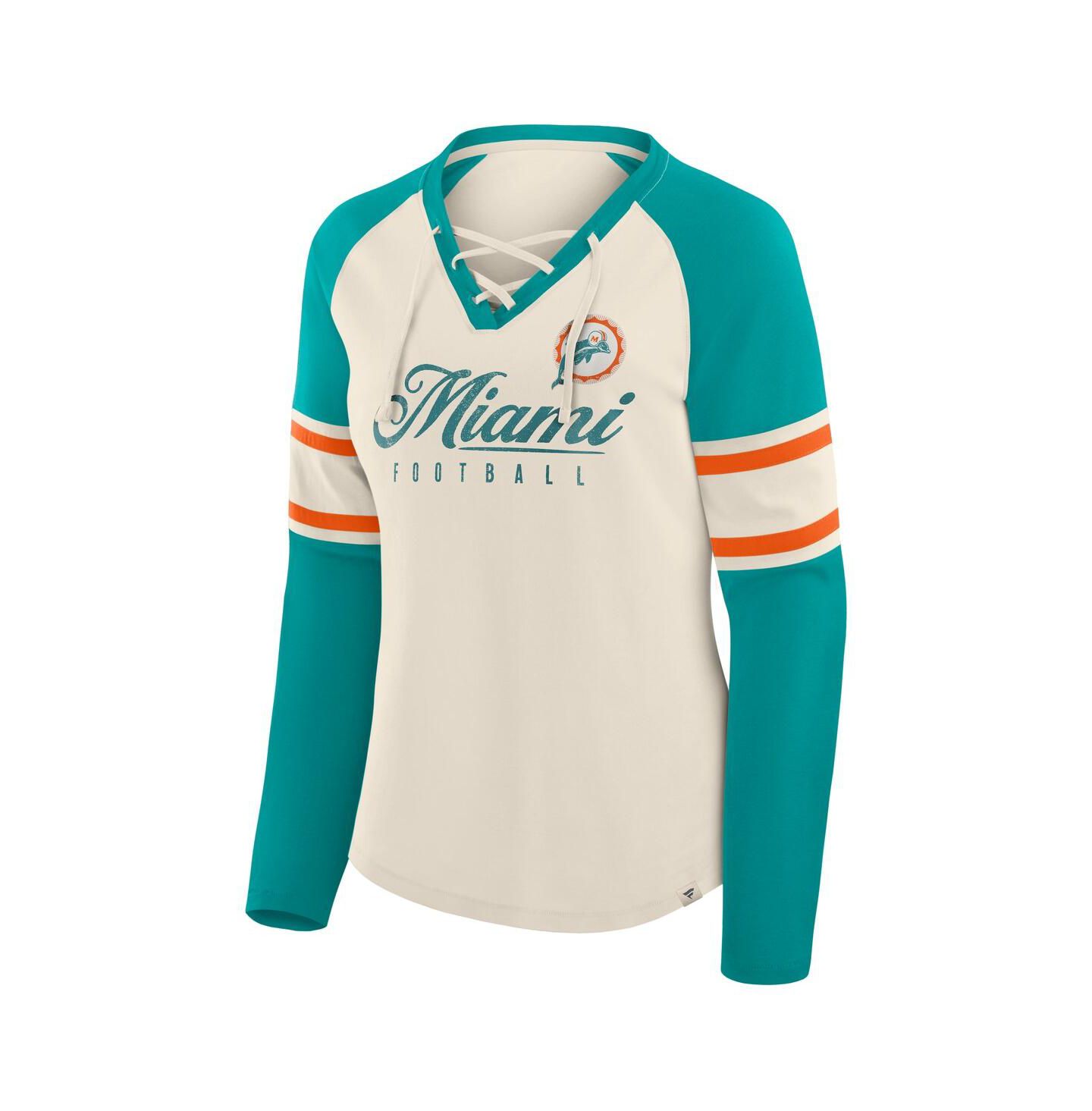 Женская футболка Fanatics Cream/Aqua Miami Dolphins Hometown Gridiron Hero Raglan Lace-Up V-Neck Long Sleeve — фото 3