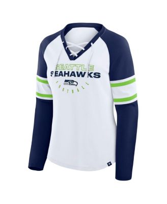 Women's White/College Navy Seattle Seahawks Redzone Blitz Package Raglan Lace-Up V-Neck Long Sleeve T-Shirt