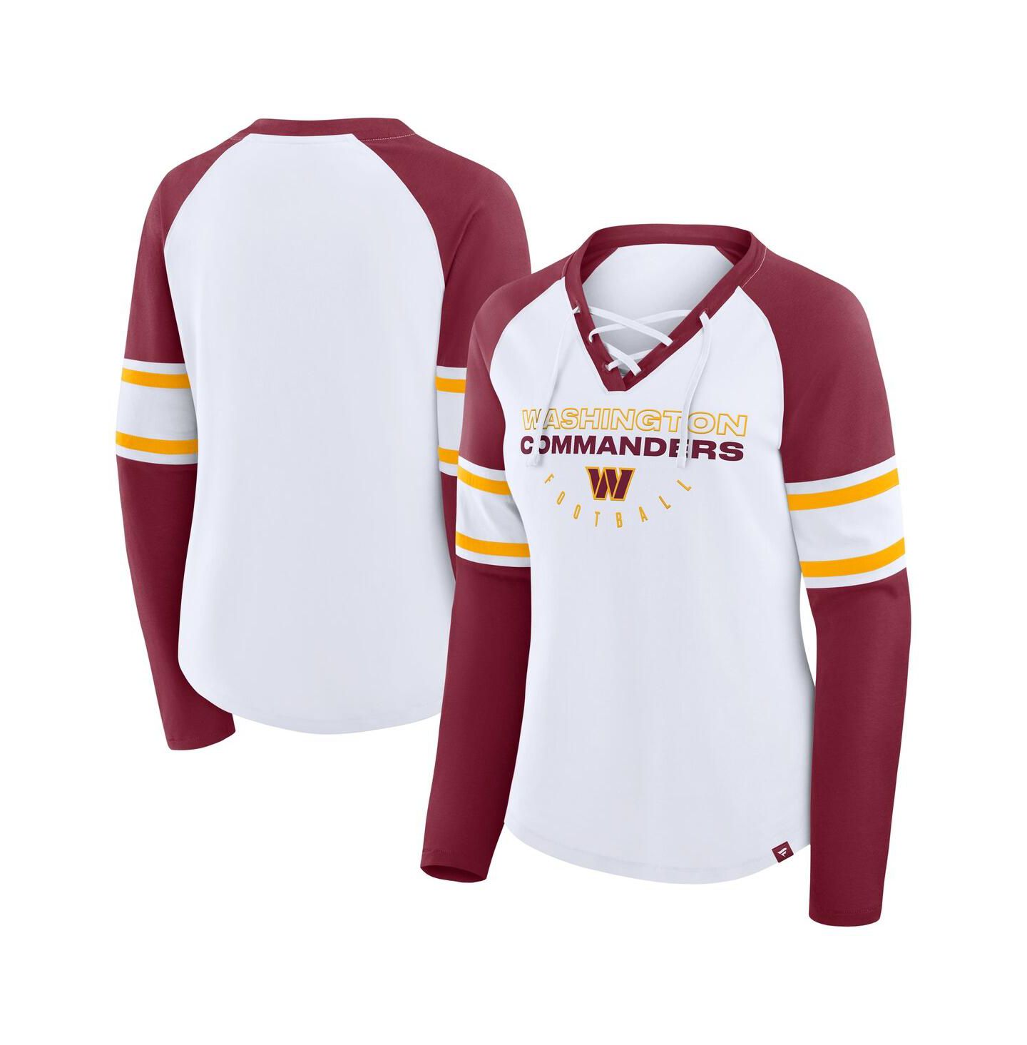 Женская футболка Fanatics White/Burgundy Washington Commanders Redzone Blitz Package Raglan Lace-Up V-Neck Long Sleeve — фото 1