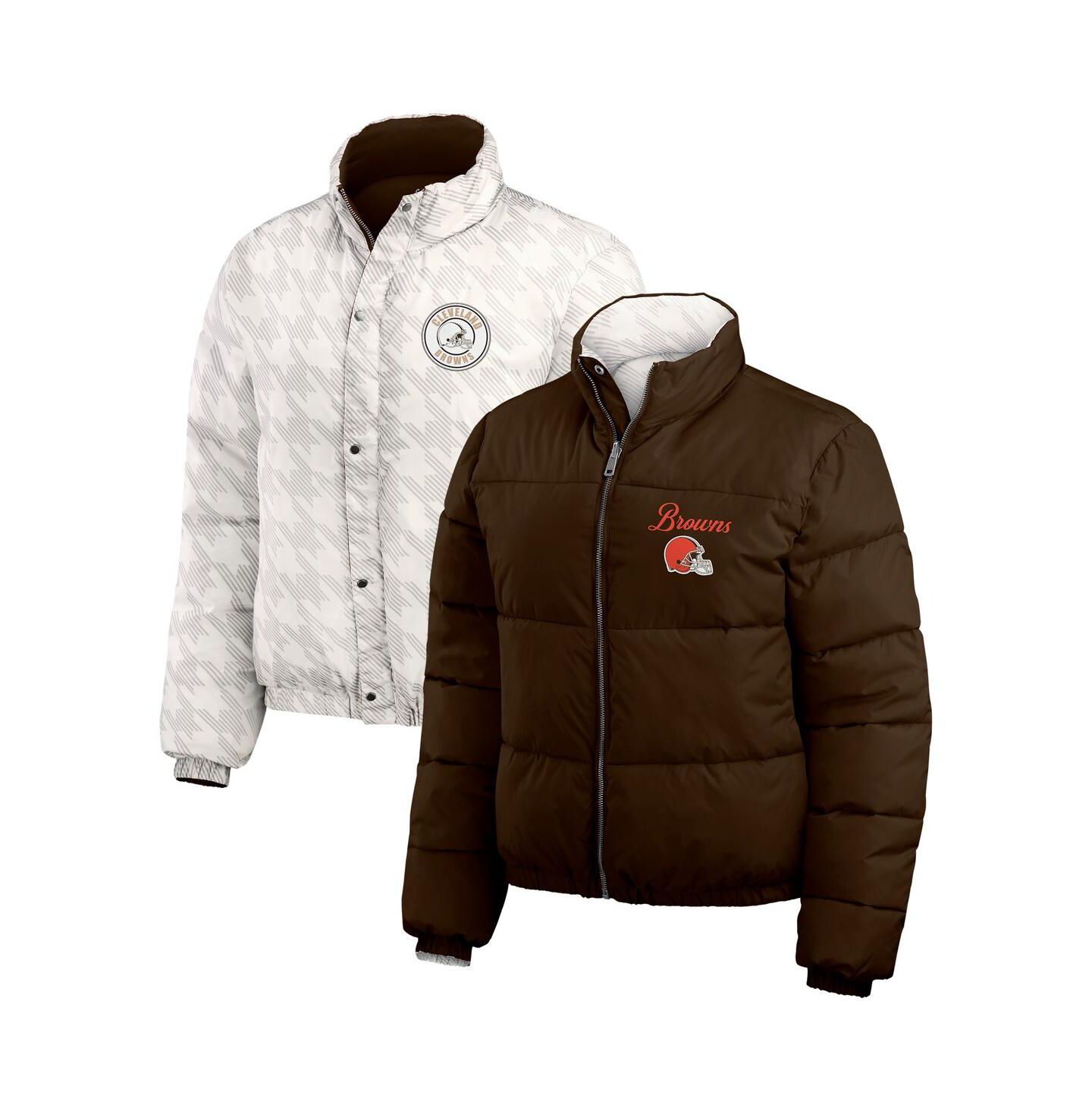Женская куртка WEAR by Erin Andrews Brown/White Cleveland Browns Reversible Cropped Full-Zip Puffer — фото 1