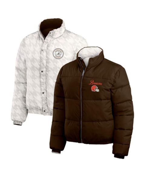 Женские куртки WEAR by Erin Andrews Women's Brown/White Cleveland Browns Reversible Cropped Full-Zip Puffer Jacket