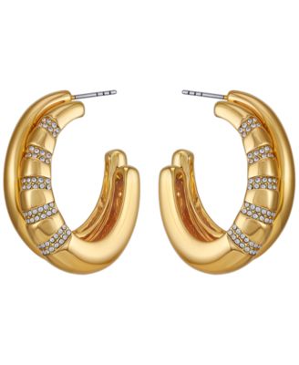 Glass Stone Gold-Tone Pave Huggie Hoop Earrings