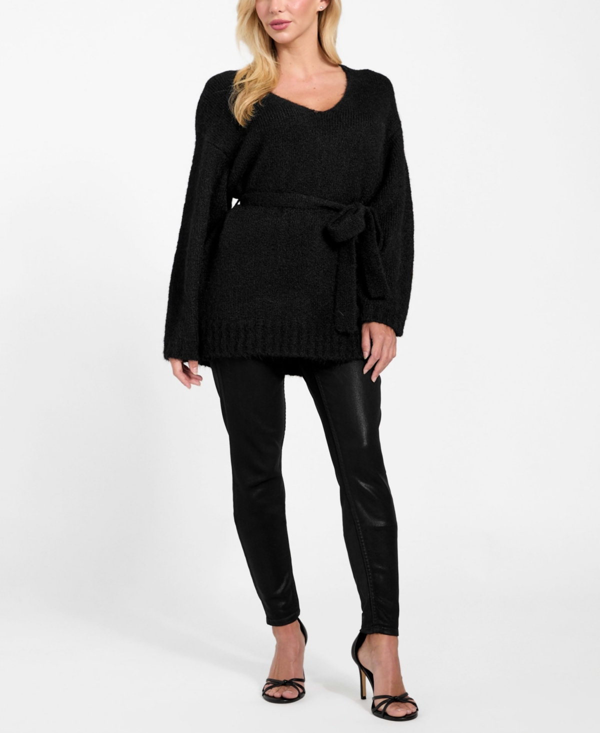 Guess Kiyoka Tie Waist Tunic Sweater In Black